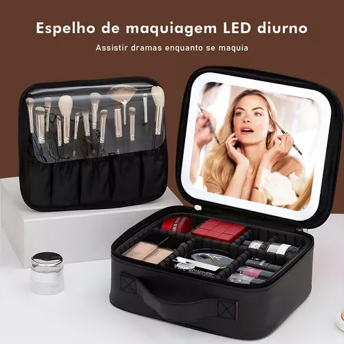 Kit Maleta Maquiagem Com Espelho e Luz Led Usb Profissional MakeUp