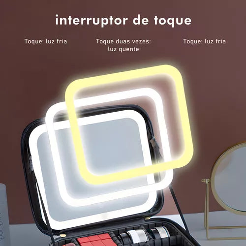 Kit Maleta Maquiagem Com Espelho e Luz Led Usb Profissional MakeUp