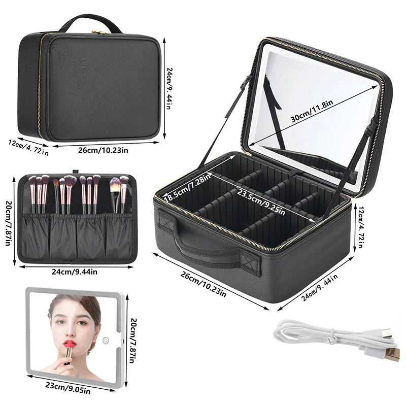 Kit Maleta Maquiagem Com Espelho e Luz Led Usb Profissional MakeUp