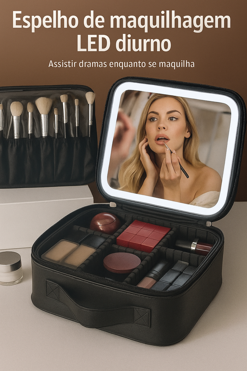 Kit Maleta Maquiagem Com Espelho e Luz Led Usb Profissional MakeUp