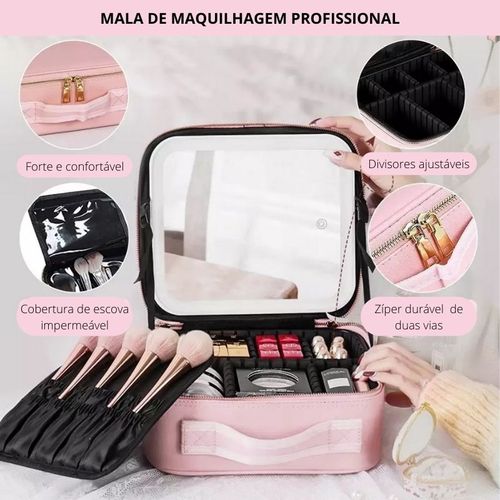 Kit Maleta Maquiagem Com Espelho e Luz Led Usb Profissional MakeUp