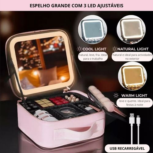 Kit Maleta Maquiagem Com Espelho e Luz Led Usb Profissional MakeUp